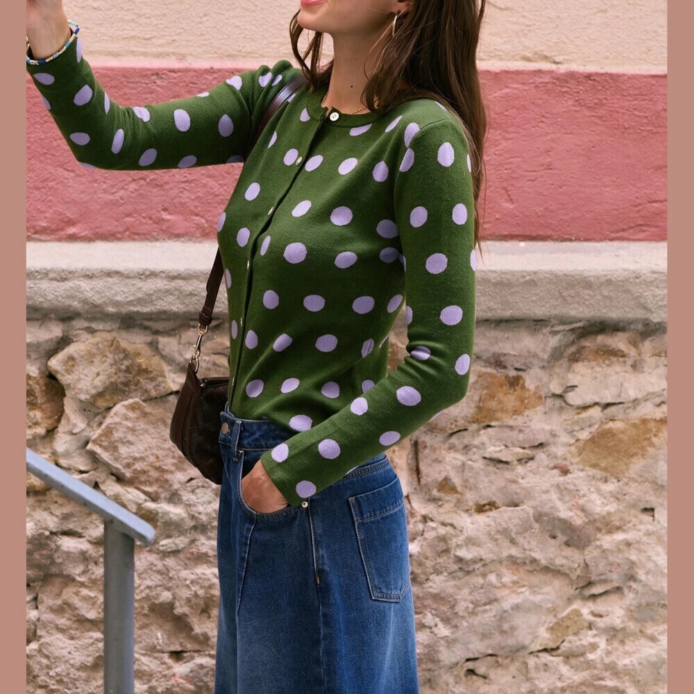 Green / Lavender Polka Dot Knit Button Front Cardigan